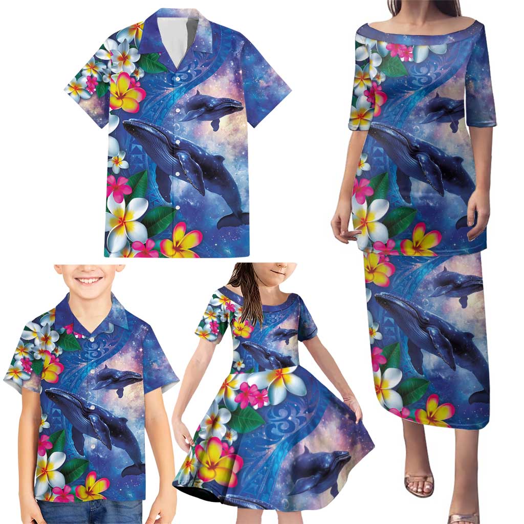 Hawaiian Lei Day Plumeria Humpback Whales Family Matching Puletasi and Hawaiian Shirt Polynesian Art Vibrant Starry Nebula Style