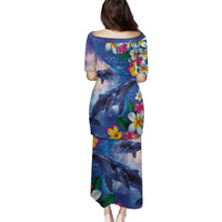 Hawaiian Lei Day Plumeria Humpback Whales Family Matching Puletasi and Hawaiian Shirt Polynesian Art Vibrant Starry Nebula Style