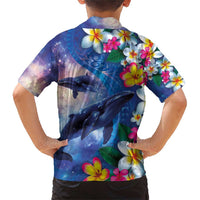 Hawaiian Lei Day Plumeria Humpback Whales Family Matching Short Sleeve Bodycon Dress and Hawaiian Shirt Polynesian Art Vibrant Starry Nebula Style