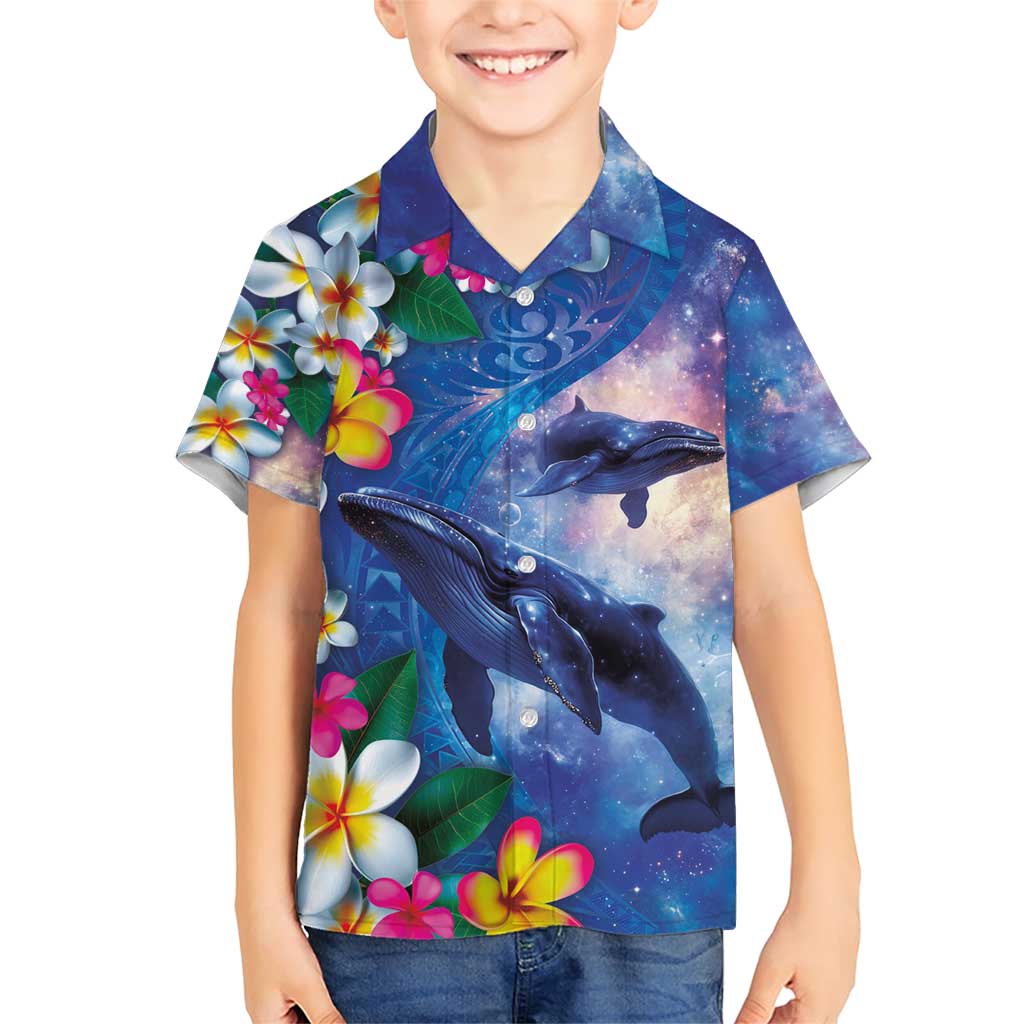 Hawaiian Lei Day Plumeria Humpback Whales Family Matching Short Sleeve Bodycon Dress and Hawaiian Shirt Polynesian Art Vibrant Starry Nebula Style