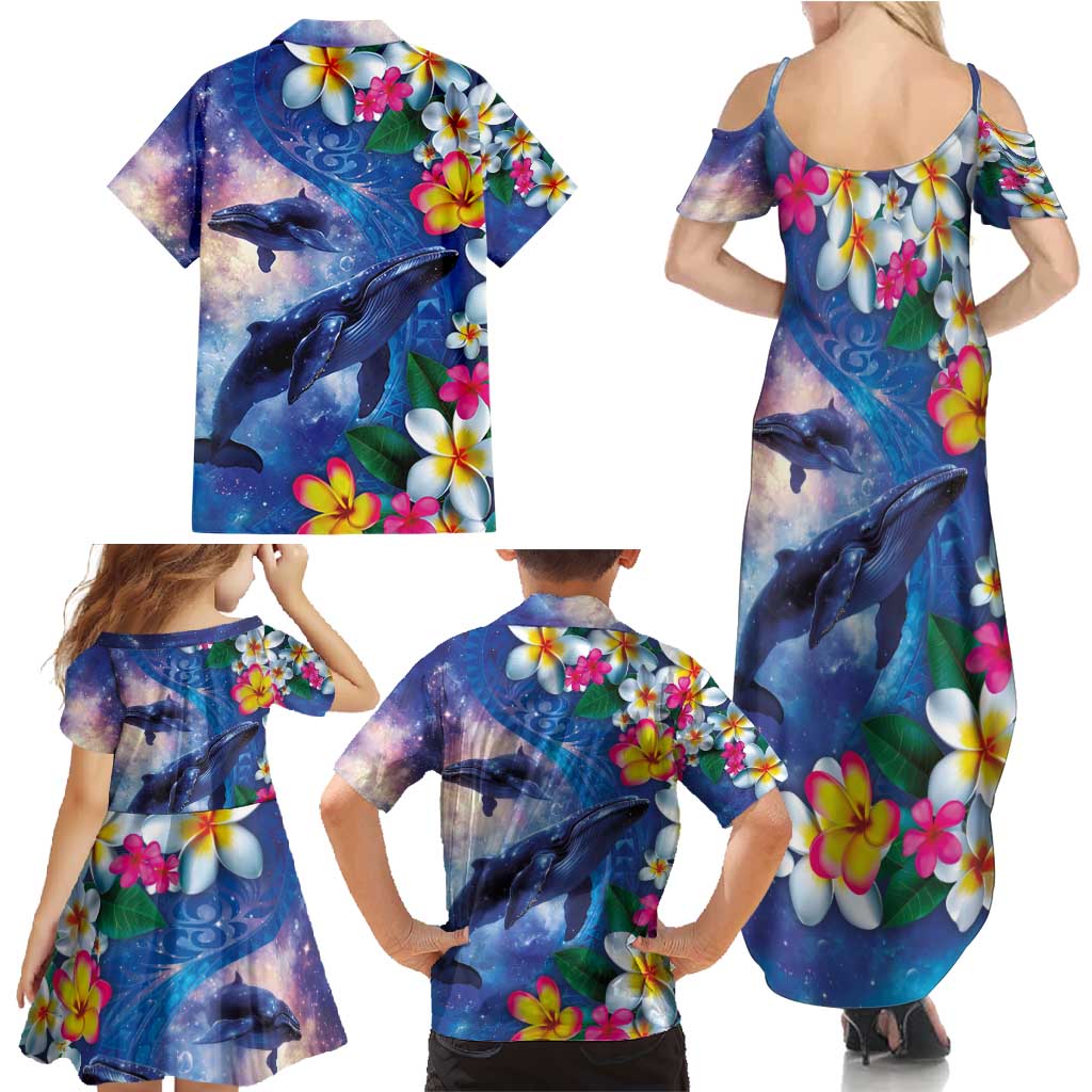 Hawaiian Lei Day Plumeria Humpback Whales Family Matching Summer Maxi Dress and Hawaiian Shirt Polynesian Art Vibrant Starry Nebula Style
