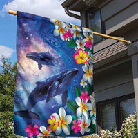 Hawaiian Lei Day Plumeria Humpback Whales Garden Flag Polynesian Art Vibrant Starry Nebula Style