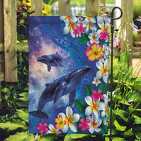 Hawaiian Lei Day Plumeria Humpback Whales Garden Flag Polynesian Art Vibrant Starry Nebula Style