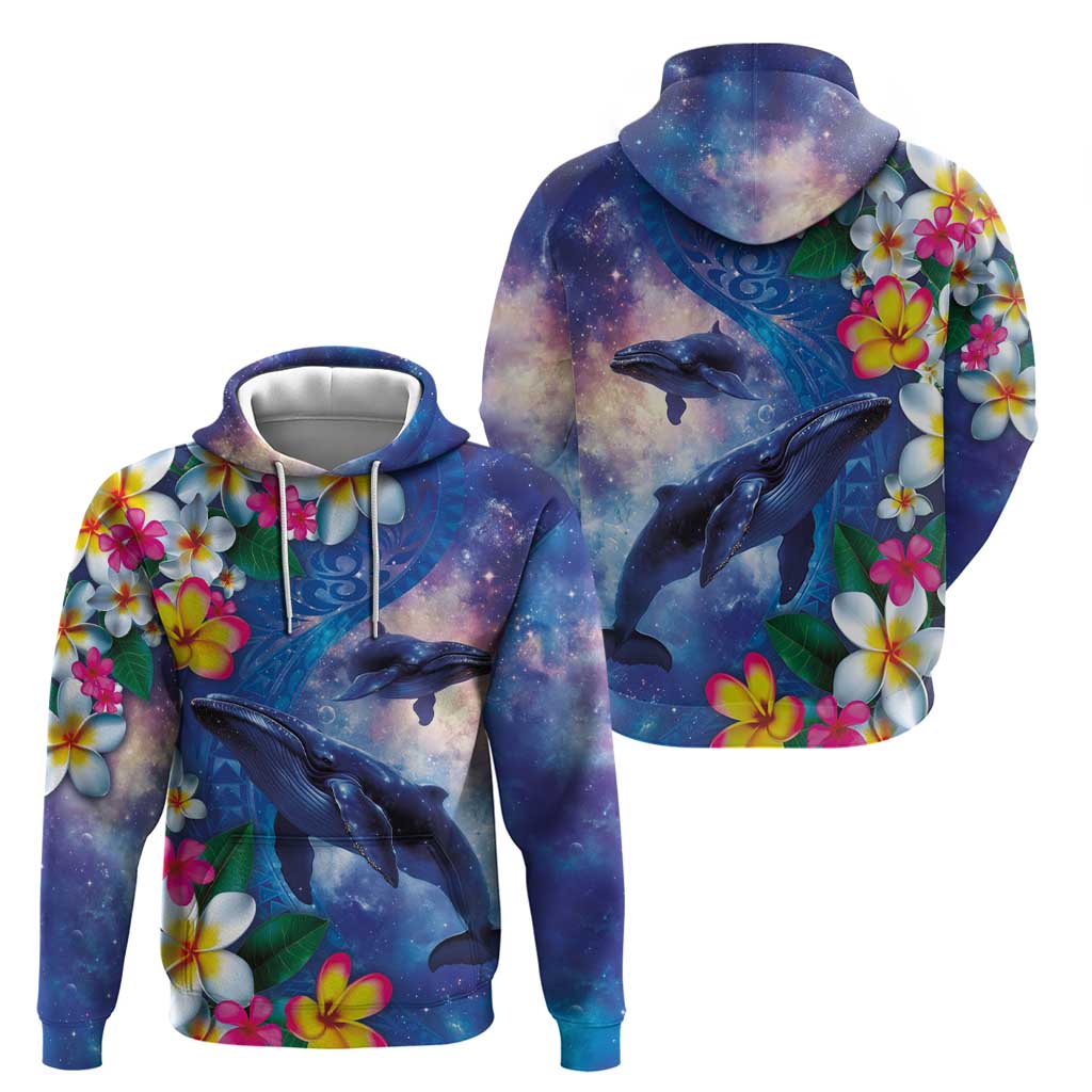 Hawaiian Lei Day Plumeria Humpback Whales Hoodie Polynesian Art Vibrant Starry Nebula Style