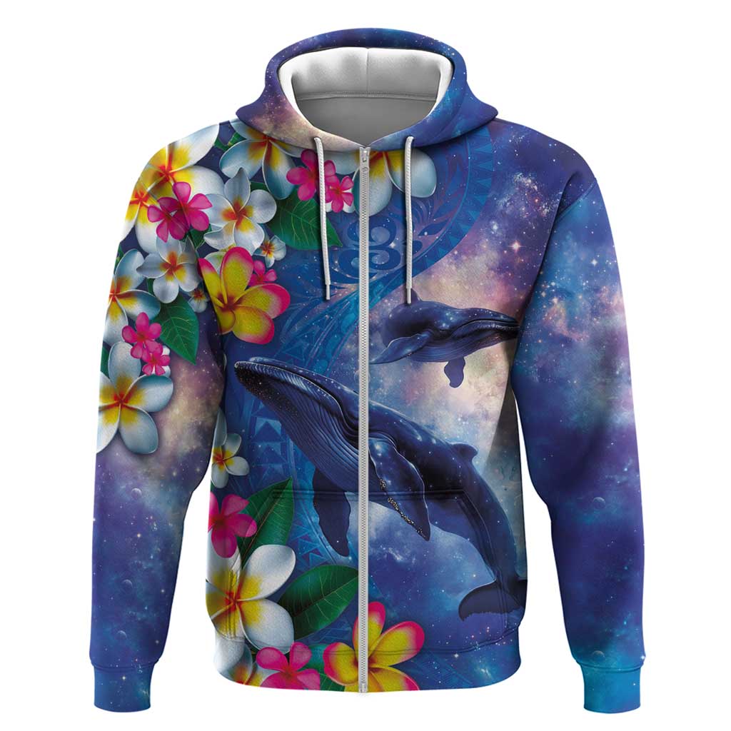 Hawaiian Lei Day Plumeria Humpback Whales Hoodie Polynesian Art Vibrant Starry Nebula Style
