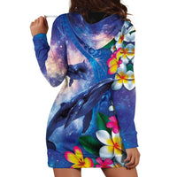 Hawaiian Lei Day Plumeria Humpback Whales Hoodie Dress Polynesian Art Vibrant Starry Nebula Style