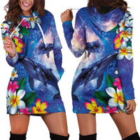 Hawaiian Lei Day Plumeria Humpback Whales Hoodie Dress Polynesian Art Vibrant Starry Nebula Style