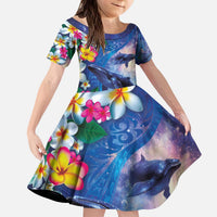 Hawaiian Lei Day Plumeria Humpback Whales Kid Short Sleeve Dress Polynesian Art Vibrant Starry Nebula Style