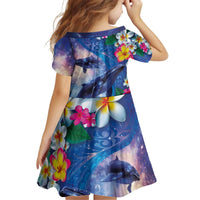 Hawaiian Lei Day Plumeria Humpback Whales Kid Short Sleeve Dress Polynesian Art Vibrant Starry Nebula Style
