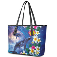 Hawaiian Lei Day Plumeria Humpback Whales Leather Tote Bag Polynesian Art Vibrant Starry Nebula Style