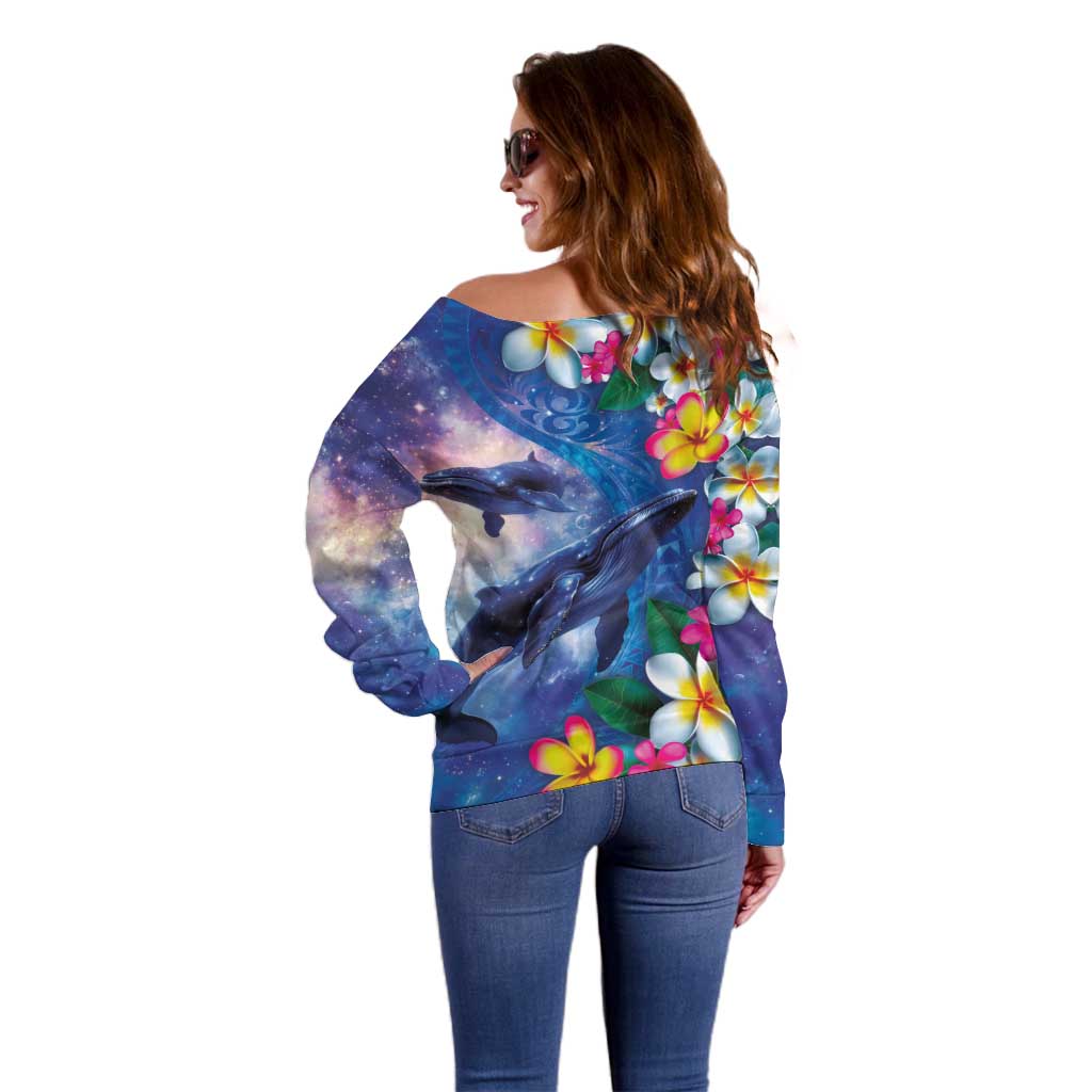 Hawaiian Lei Day Plumeria Humpback Whales Off Shoulder Sweater Polynesian Art Vibrant Starry Nebula Style