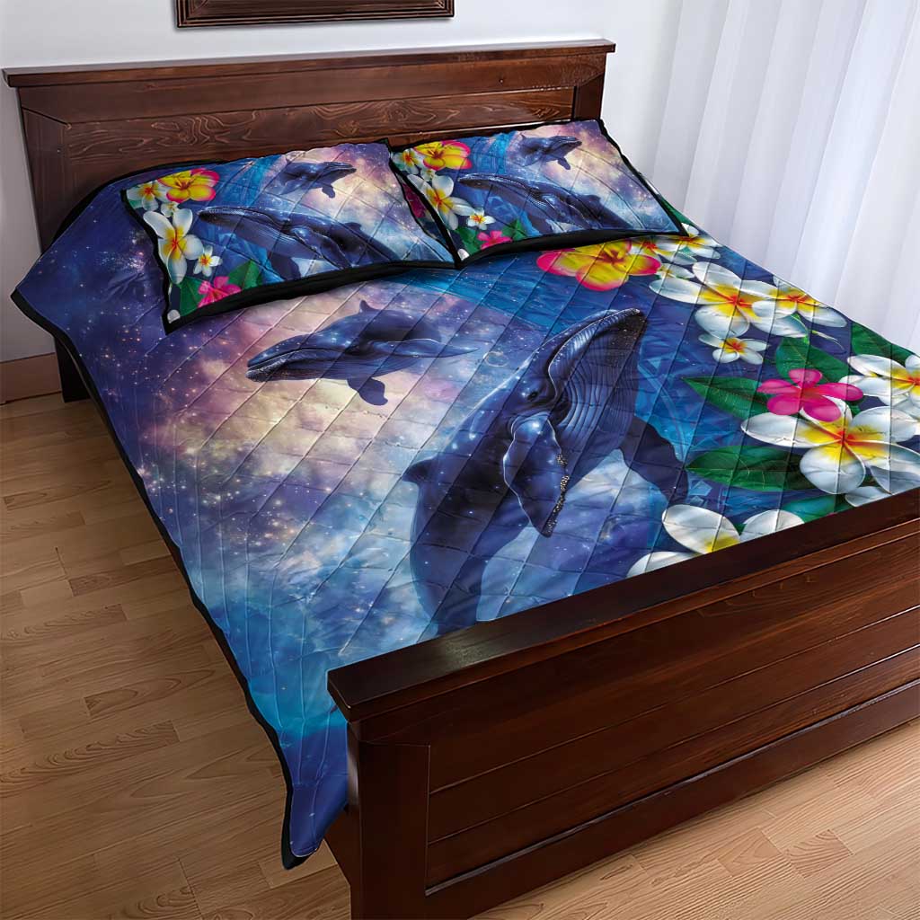 Hawaiian Lei Day Plumeria Humpback Whales Quilt Bed Set Polynesian Art Vibrant Starry Nebula Style
