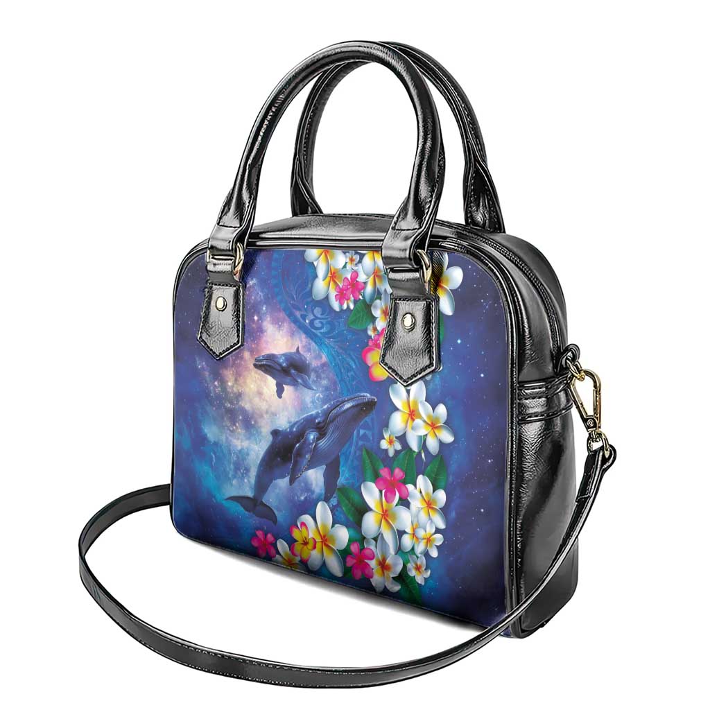 Hawaiian Lei Day Plumeria Humpback Whales Shoulder Handbag Polynesian Art Vibrant Starry Nebula Style
