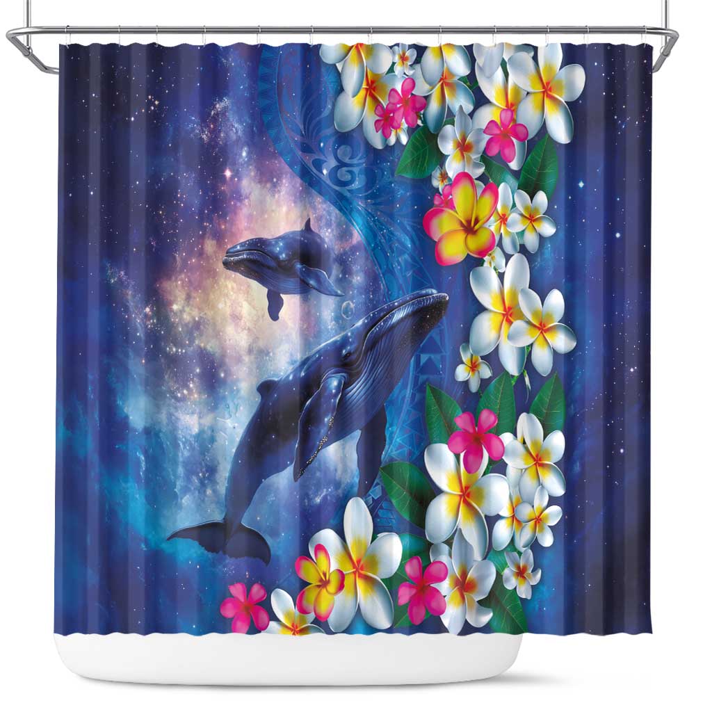 Hawaiian Lei Day Plumeria Humpback Whales Shower Curtain Polynesian Art Vibrant Starry Nebula Style