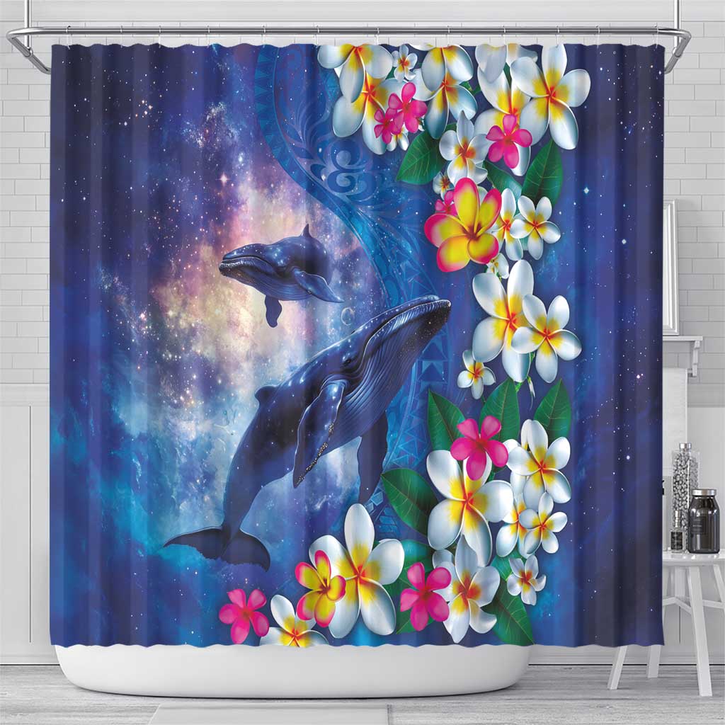 Hawaiian Lei Day Plumeria Humpback Whales Shower Curtain Polynesian Art Vibrant Starry Nebula Style