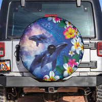 Hawaiian Lei Day Plumeria Humpback Whales Spare Tire Cover Polynesian Art Vibrant Starry Nebula Style