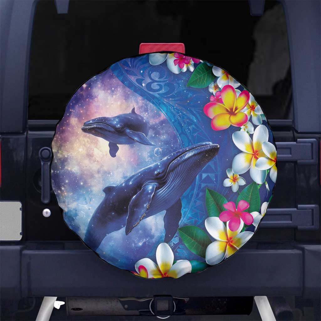 Hawaiian Lei Day Plumeria Humpback Whales Spare Tire Cover Polynesian Art Vibrant Starry Nebula Style