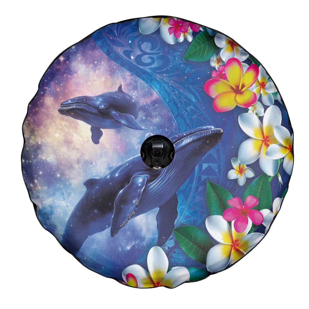 Hawaiian Lei Day Plumeria Humpback Whales Spare Tire Cover Polynesian Art Vibrant Starry Nebula Style