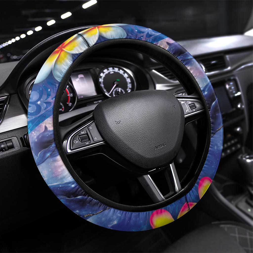 Hawaiian Lei Day Plumeria Humpback Whales Steering Wheel Cover Polynesian Art Vibrant Starry Nebula Style