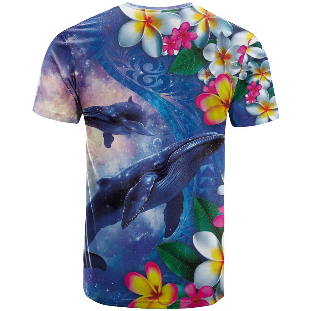 Hawaiian Lei Day Plumeria Humpback Whales T Shirt Polynesian Art Vibrant Starry Nebula Style