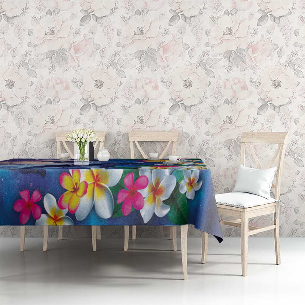 Hawaiian Lei Day Plumeria Humpback Whales Tablecloth Polynesian Art Vibrant Starry Nebula Style