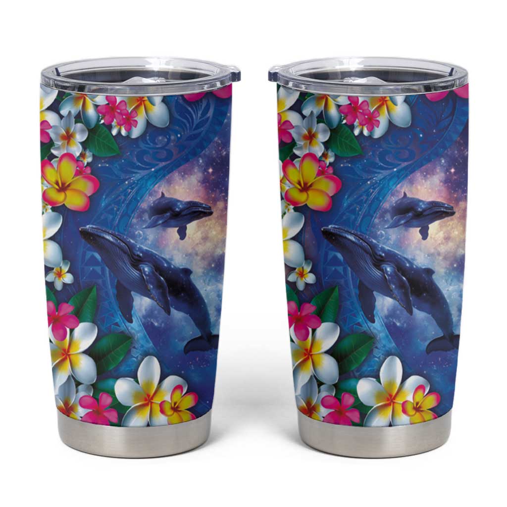 Hawaiian Lei Day Plumeria Humpback Whales Tumbler Cup Polynesian Art Vibrant Starry Nebula Style