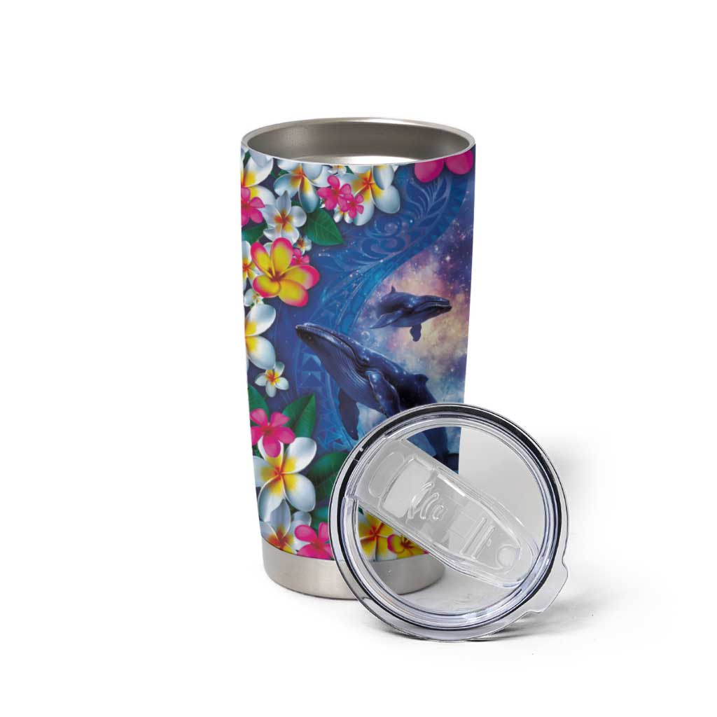 Hawaiian Lei Day Plumeria Humpback Whales Tumbler Cup Polynesian Art Vibrant Starry Nebula Style