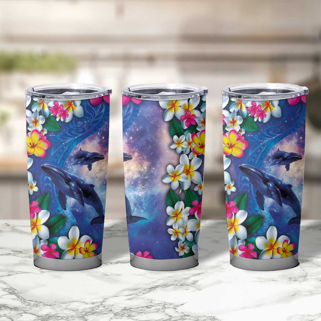 Hawaiian Lei Day Plumeria Humpback Whales Tumbler Cup Polynesian Art Vibrant Starry Nebula Style