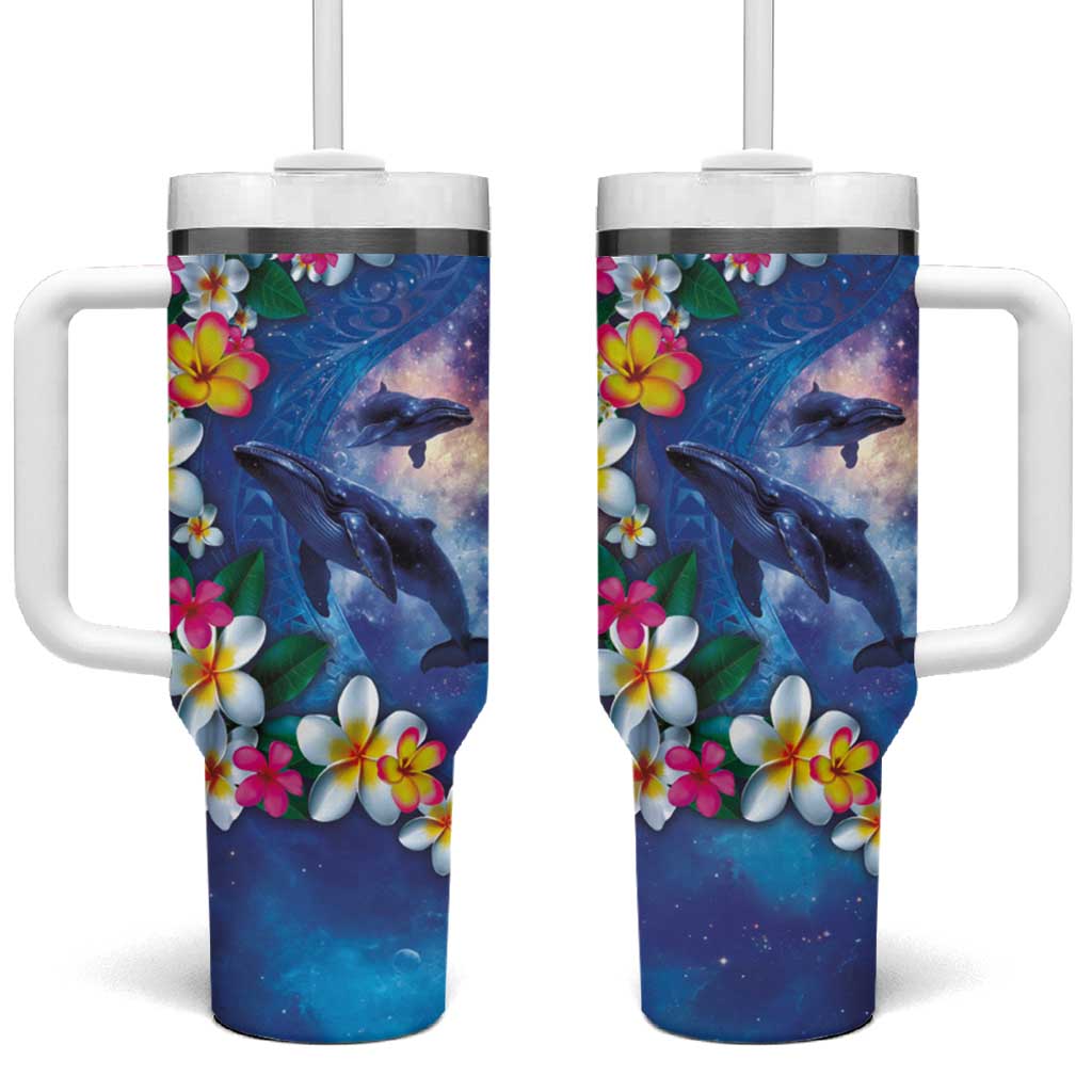 Hawaiian Lei Day Plumeria Humpback Whales Tumbler With Handle Polynesian Art Vibrant Starry Nebula Style