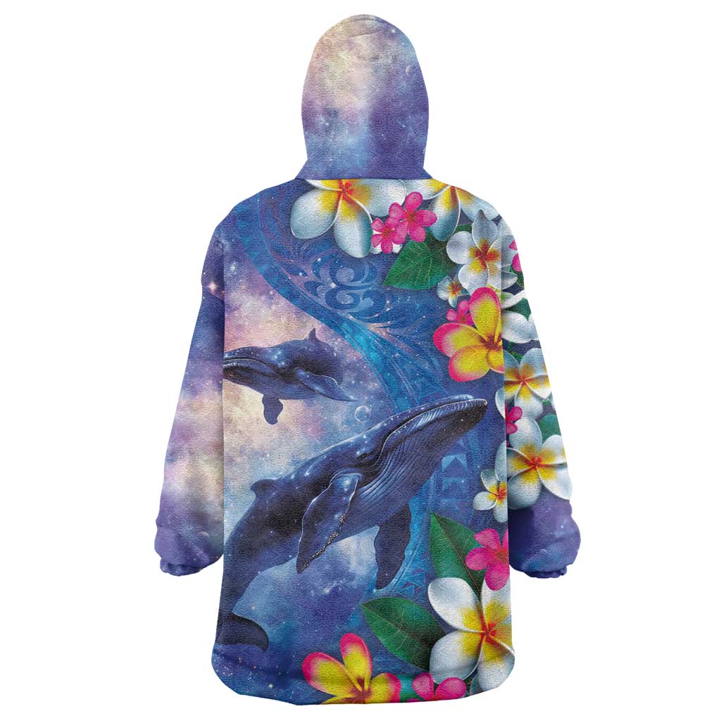 Hawaiian Lei Day Plumeria Humpback Whales Wearable Blanket Hoodie Polynesian Art Vibrant Starry Nebula Style