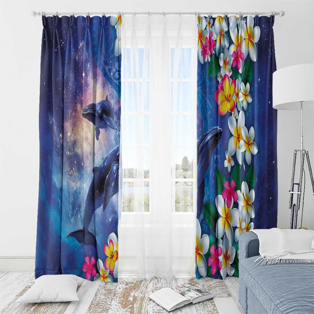 Hawaiian Lei Day Plumeria Humpback Whales Window Curtain Polynesian Art Vibrant Starry Nebula Style