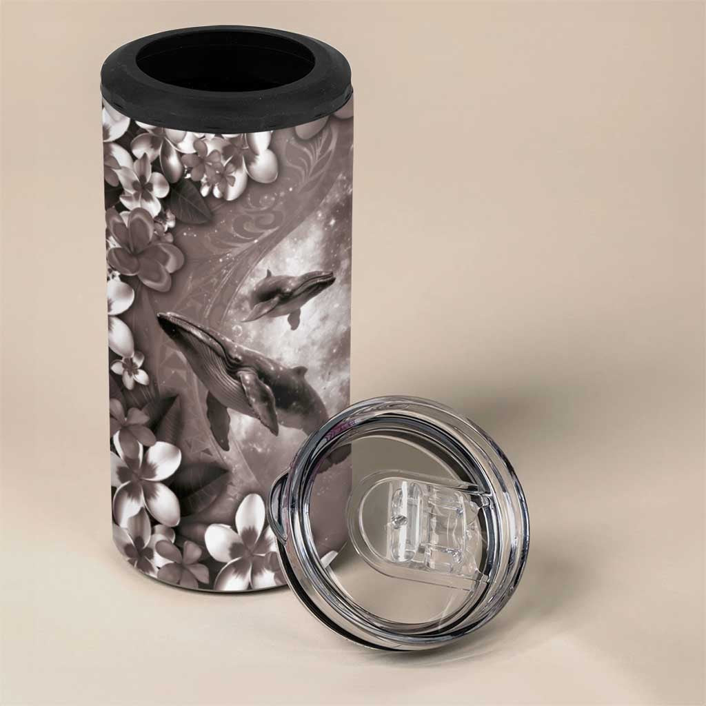 Hawaiian Lei Day Plumeria Humpback Whales 4 in 1 Can Cooler Tumbler Polynesian Art Vibrant Starry Nebula Grayscale Style