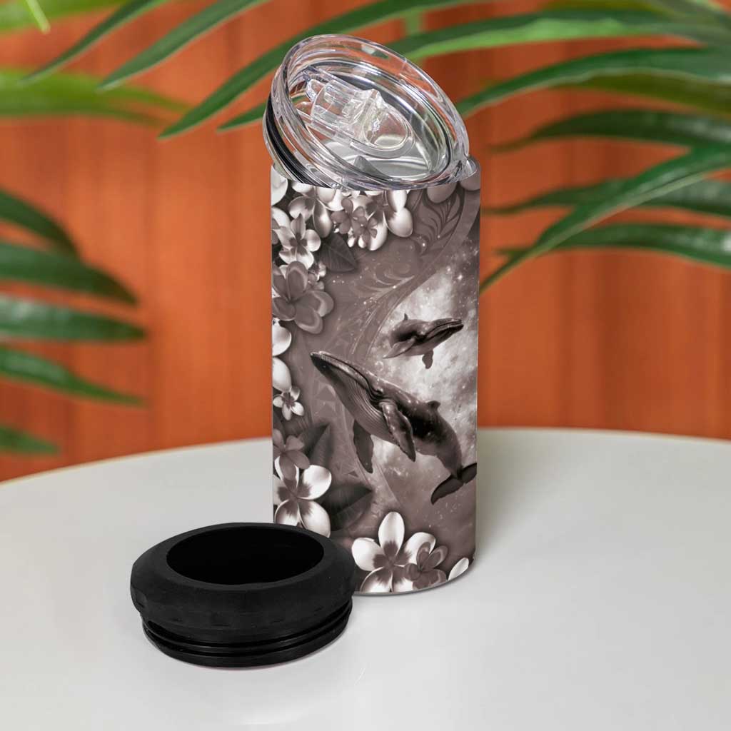 Hawaiian Lei Day Plumeria Humpback Whales 4 in 1 Can Cooler Tumbler Polynesian Art Vibrant Starry Nebula Grayscale Style