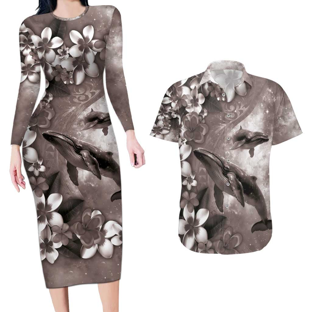 Hawaiian Lei Day Plumeria Humpback Whales Couples Matching Long Sleeve Bodycon Dress and Hawaiian Shirt Polynesian Art Vibrant Starry Nebula Grayscale Style