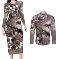 Hawaiian Lei Day Plumeria Humpback Whales Couples Matching Long Sleeve Bodycon Dress and Long Sleeve Button Shirt Polynesian Art Vibrant Starry Nebula Grayscale Style