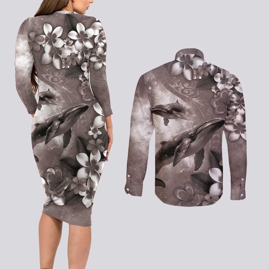 Hawaiian Lei Day Plumeria Humpback Whales Couples Matching Long Sleeve Bodycon Dress and Long Sleeve Button Shirt Polynesian Art Vibrant Starry Nebula Grayscale Style