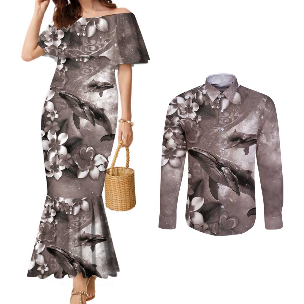 Hawaiian Lei Day Plumeria Humpback Whales Couples Matching Mermaid Dress and Long Sleeve Button Shirt Polynesian Art Vibrant Starry Nebula Grayscale Style