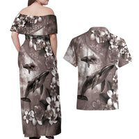Hawaiian Lei Day Plumeria Humpback Whales Couples Matching Off Shoulder Maxi Dress and Hawaiian Shirt Polynesian Art Vibrant Starry Nebula Grayscale Style
