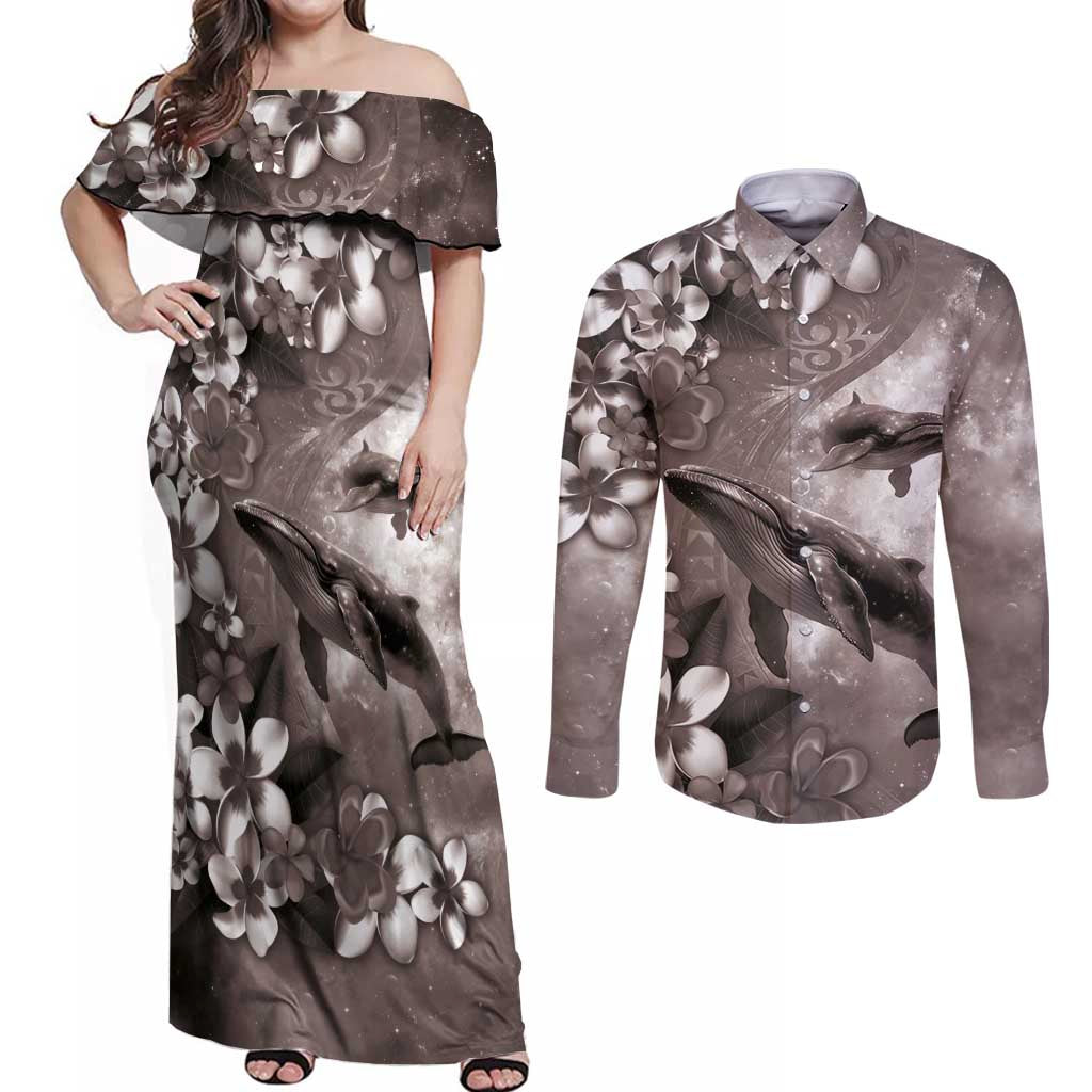 Hawaiian Lei Day Plumeria Humpback Whales Couples Matching Off Shoulder Maxi Dress and Long Sleeve Button Shirt Polynesian Art Vibrant Starry Nebula Grayscale Style