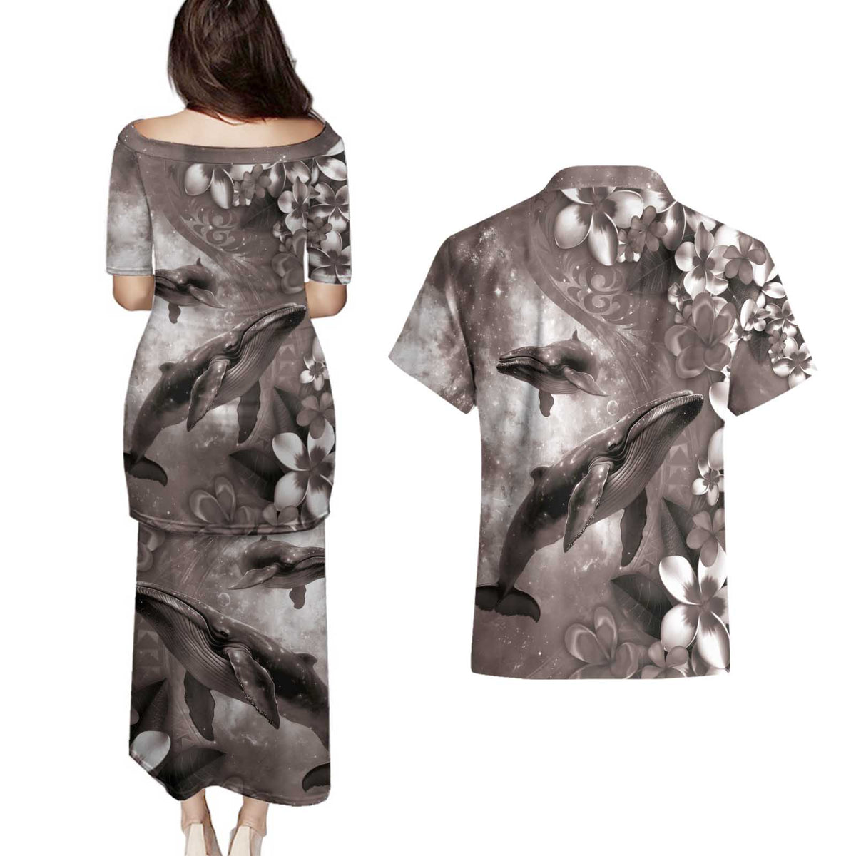 Hawaiian Lei Day Plumeria Humpback Whales Couples Matching Puletasi and Hawaiian Shirt Polynesian Art Vibrant Starry Nebula Grayscale Style