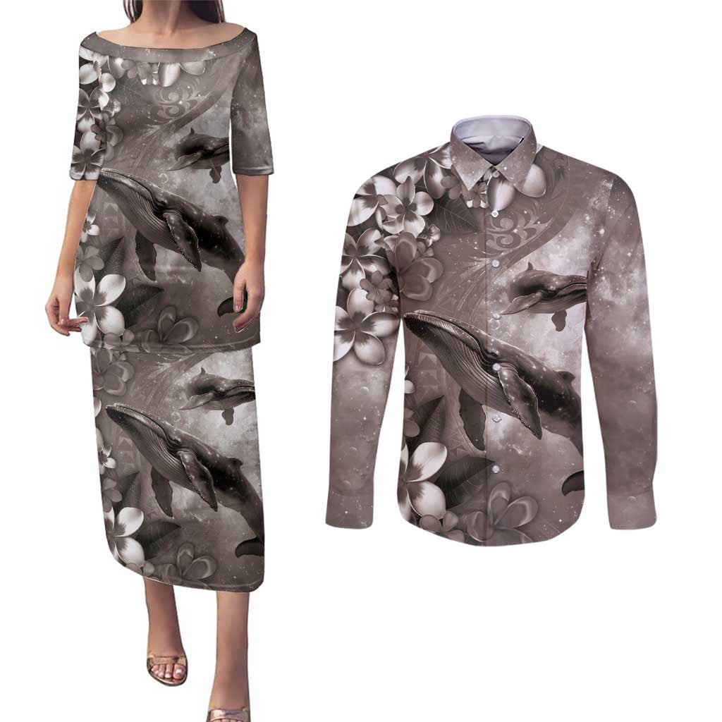 Hawaiian Lei Day Plumeria Humpback Whales Couples Matching Puletasi and Long Sleeve Button Shirt Polynesian Art Vibrant Starry Nebula Grayscale Style