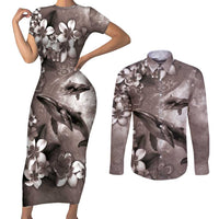 Hawaiian Lei Day Plumeria Humpback Whales Couples Matching Short Sleeve Bodycon Dress and Long Sleeve Button Shirt Polynesian Art Vibrant Starry Nebula Grayscale Style