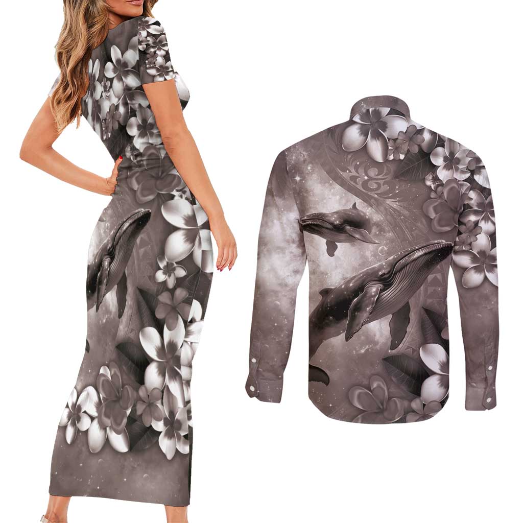 Hawaiian Lei Day Plumeria Humpback Whales Couples Matching Short Sleeve Bodycon Dress and Long Sleeve Button Shirt Polynesian Art Vibrant Starry Nebula Grayscale Style