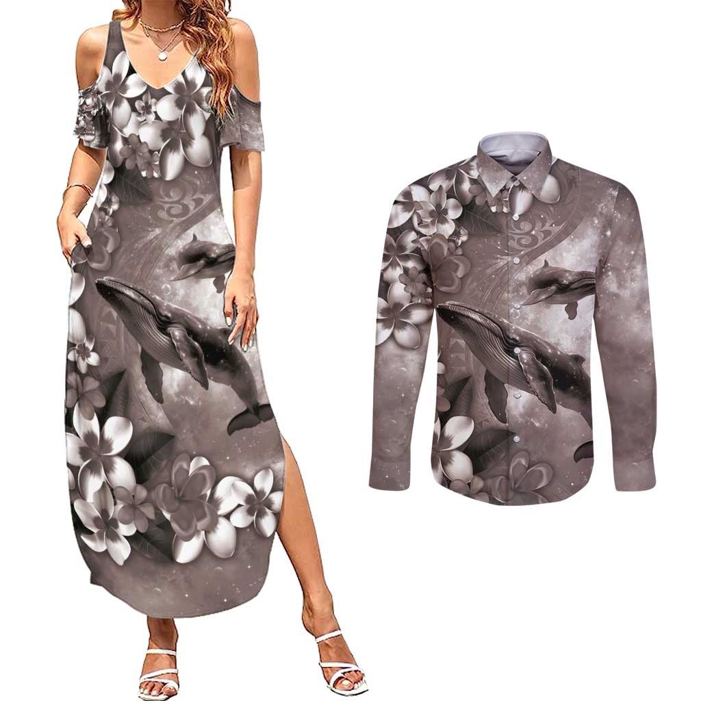 Hawaiian Lei Day Plumeria Humpback Whales Couples Matching Summer Maxi Dress and Long Sleeve Button Shirt Polynesian Art Vibrant Starry Nebula Grayscale Style