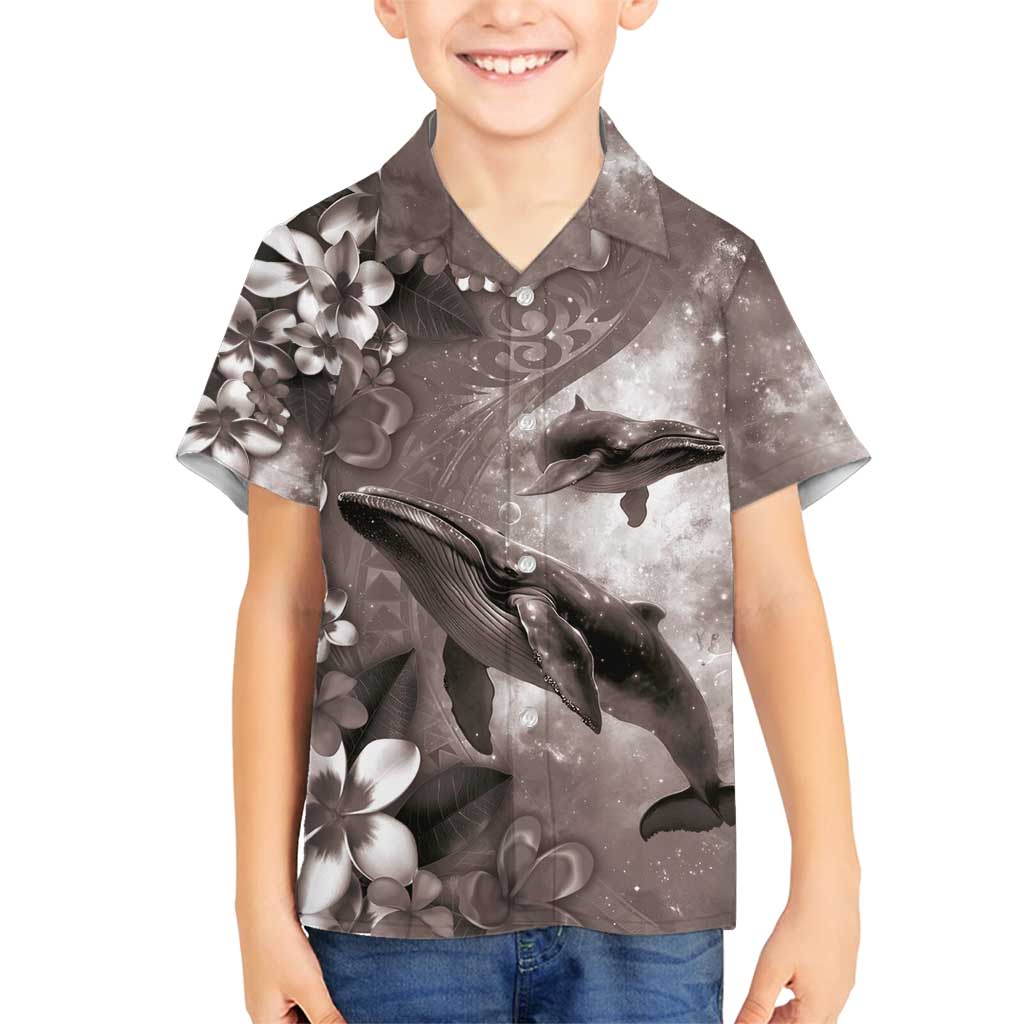 Hawaiian Lei Day Plumeria Humpback Whales Family Matching Long Sleeve Bodycon Dress and Hawaiian Shirt Polynesian Art Vibrant Starry Nebula Grayscale Style