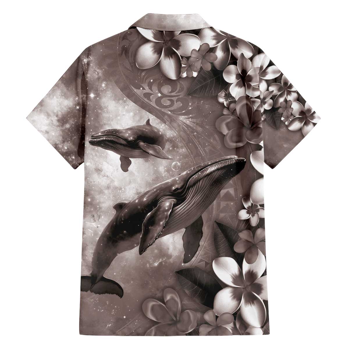 Hawaiian Lei Day Plumeria Humpback Whales Family Matching Off The Shoulder Long Sleeve Dress and Hawaiian Shirt Polynesian Art Vibrant Starry Nebula Grayscale Style