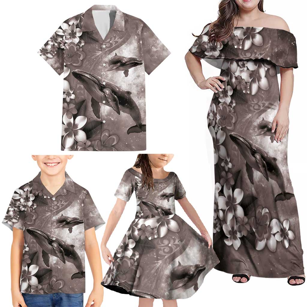 Hawaiian Lei Day Plumeria Humpback Whales Family Matching Off Shoulder Maxi Dress and Hawaiian Shirt Polynesian Art Vibrant Starry Nebula Grayscale Style