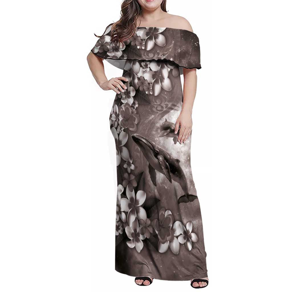 Hawaiian Lei Day Plumeria Humpback Whales Family Matching Off Shoulder Maxi Dress and Hawaiian Shirt Polynesian Art Vibrant Starry Nebula Grayscale Style