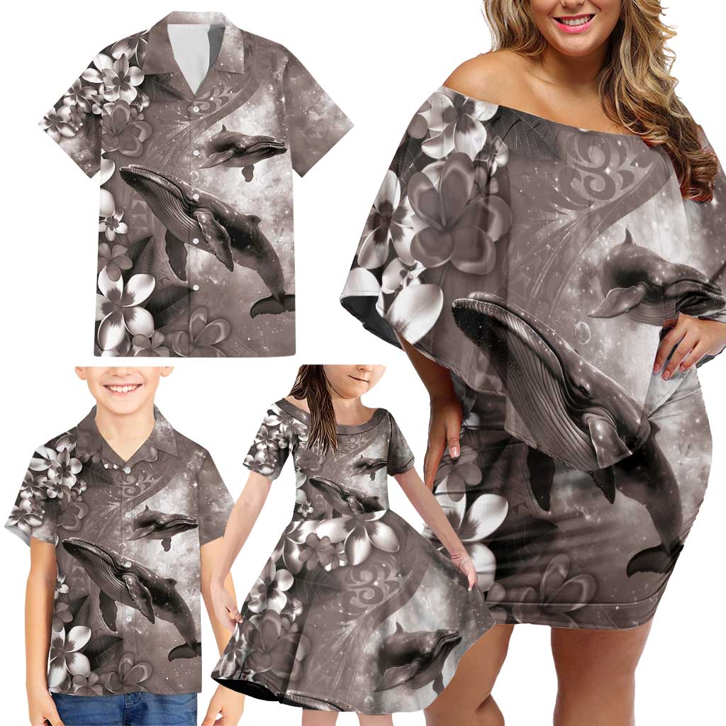 Hawaiian Lei Day Plumeria Humpback Whales Family Matching Off Shoulder Short Dress and Hawaiian Shirt Polynesian Art Vibrant Starry Nebula Grayscale Style