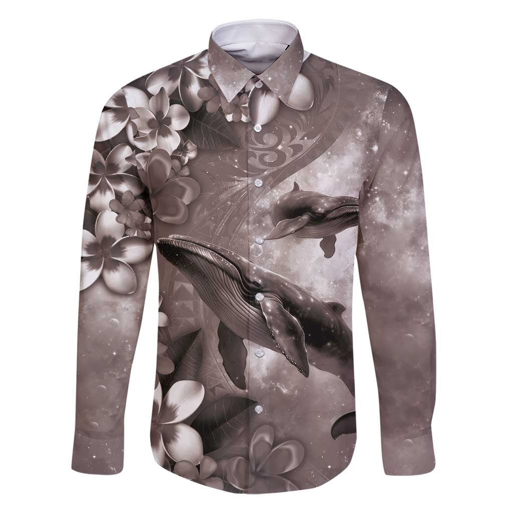 Hawaiian Lei Day Plumeria Humpback Whales Family Matching Off Shoulder Short Dress and Hawaiian Shirt Polynesian Art Vibrant Starry Nebula Grayscale Style